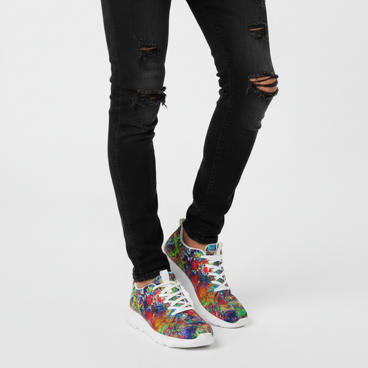 A person wearing black distressed skinny jeans and colorful low-top sneakers with a vibrant multicolor paint splatter pattern, shown from the knees down on a light gray studio background.
