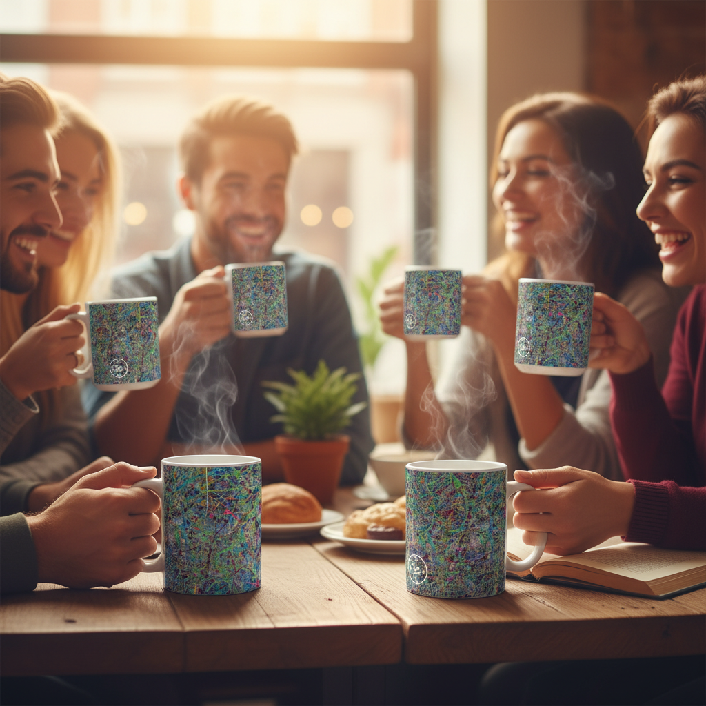 Group of people enjoying hot drinks together at a table.
