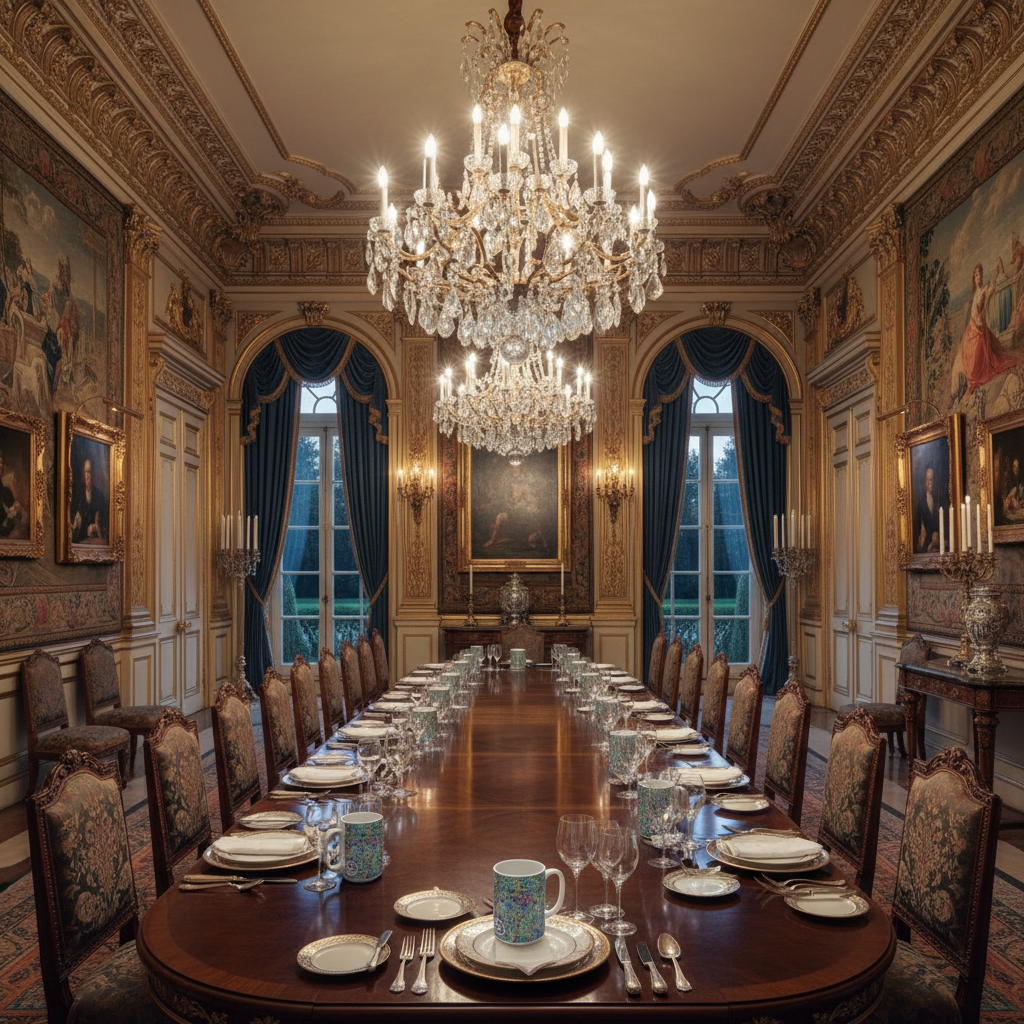 Elegant dining room with a large chandelier, ornate walls, and a long table set for dinner.