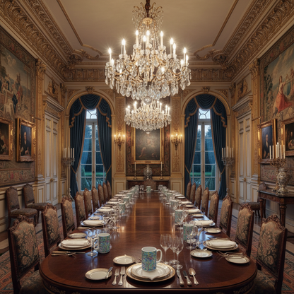 Elegant dining room with a large chandelier, ornate walls, and a long table set for dinner.