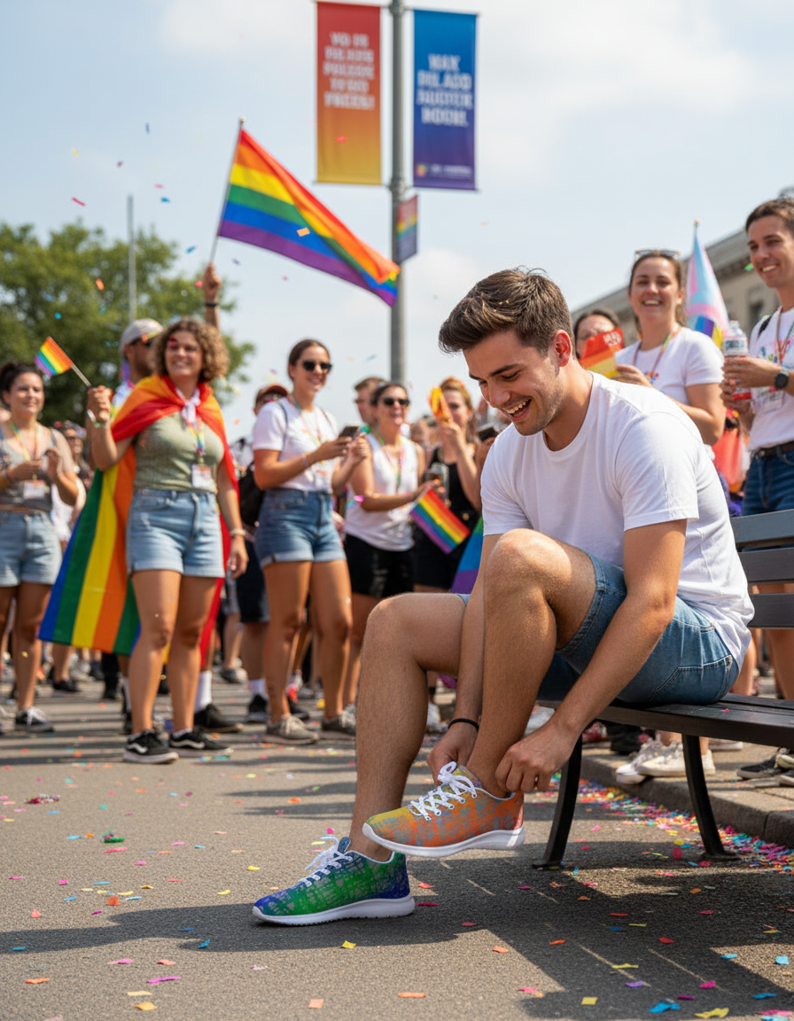 Man sitting on a bench with people holding rainbow flags at a pride parade.