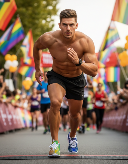 Athlete running in a race with rainbow flags in the background