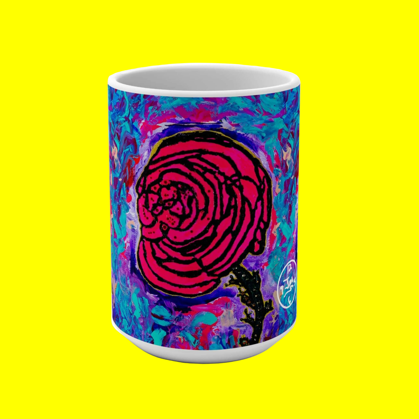 Colorful mug with abstract design on a yellow background