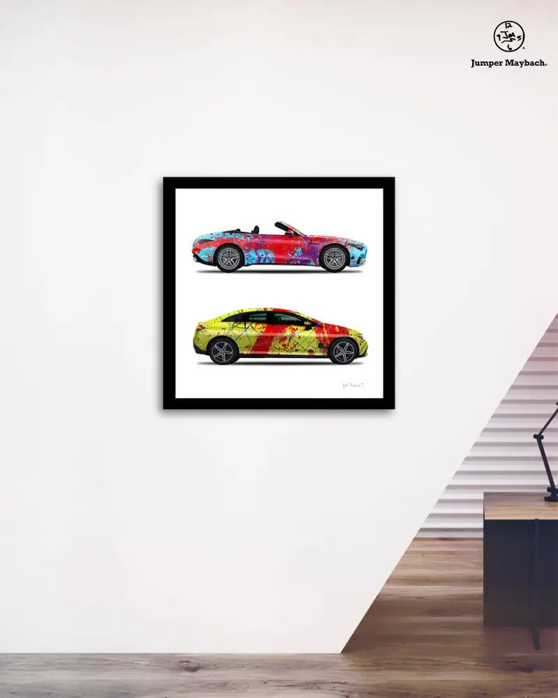 Print of Dancing Queen and Red Rocket Cars by Jumper Maybach, featuring colorful car illustrations on paper.