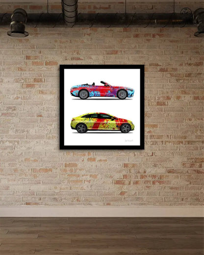 Print of Dancing Queen and Red Rocket Cars by Jumper Maybach, colorful illustrated car duo on paper.