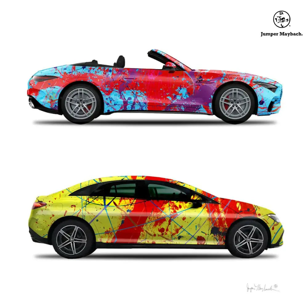 Two Jumper Maybach print on paper featuring Dancing Queen and Red Rocket cars, signed with artist signature.