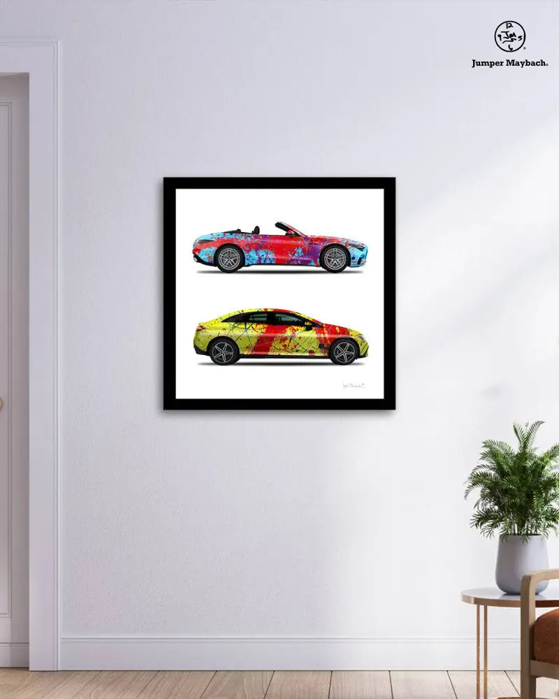 Print featuring Dancing Queen and Red Rocket Cars by Jumper Maybach on paper, showcasing colorful, playful vehicle illustrations.