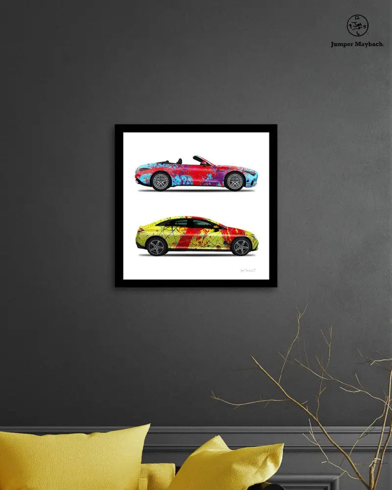 Print of Dancing Queen and Red Rocket Cars by Jumper Maybach, featuring vibrant racing car illustrations on paper.