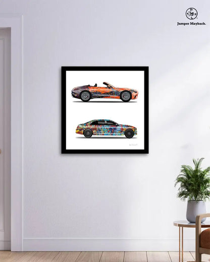 Print of two colorful cars, Orange Eclipse and Taffy Galaxy Whew, by Jumper Maybach on paper, featuring vibrant vehicle designs.