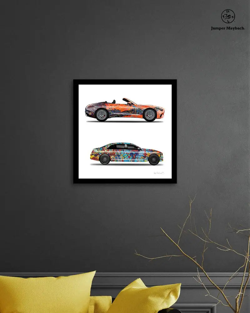 Prints of two Jumper Maybach Whew Cars, Orange Eclipse and Taffy Galaxy, on paper, displayed in a grey room setting.