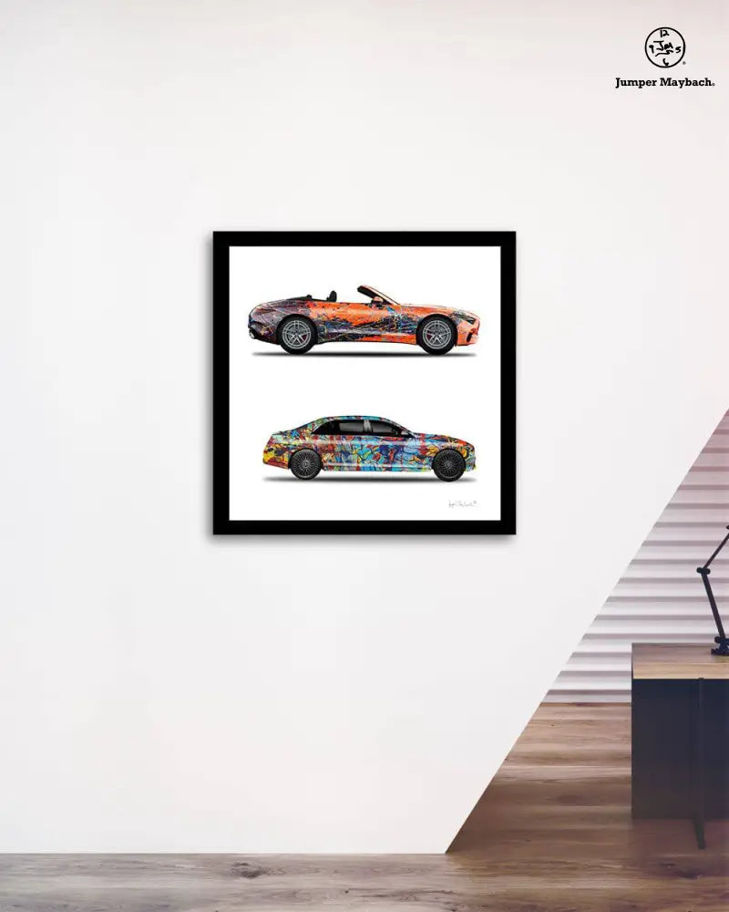 Two Jumper Maybach print on paper featuring orange Eclipse and Taffy Galaxy Whew Cars in a colorful, artistic design.