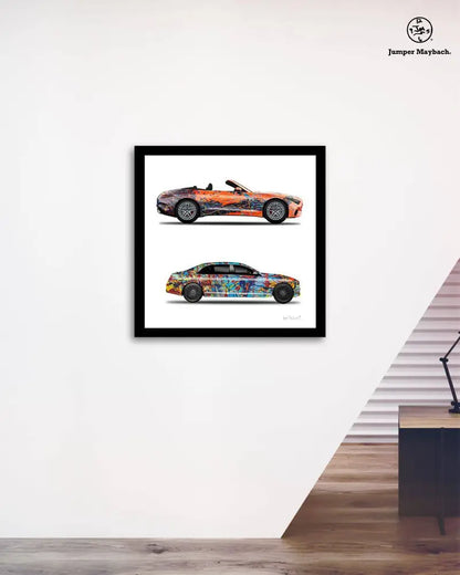 Two Jumper Maybach print on paper featuring orange Eclipse and Taffy Galaxy Whew Cars in a colorful, artistic design.