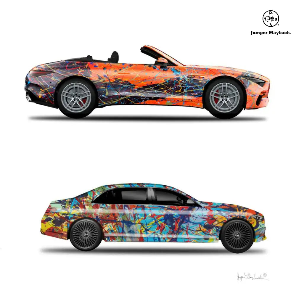 Two Jumper Maybach print art pieces featuring orange eclipse and taffy galaxy Whew Cars, on paper with signature.