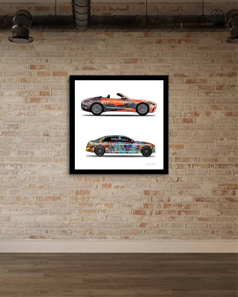 Prints of two Jumper Maybach Whew Cars, Orange Eclipse and Taffy Galaxy, on paper showing vibrant, colorful car designs.