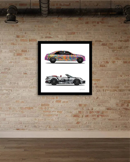 Two Jumper Maybach printed cars featuring Quantum Dream and Dark Matrix designs on paper, displayed against a neutral background.