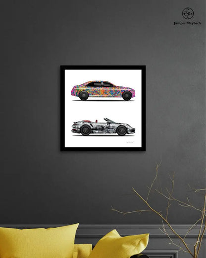 Prints of Quantum Dream and Dark Matrix cars by Jumper Maybach in a grey room setting, showcasing detailed car artwork.