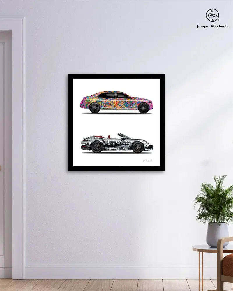 Prints of Quantum Dream and Dark Matrix cars by Jumper Maybach, featuring vibrant, detailed artwork of futuristic vehicles.