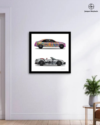 Prints of Quantum Dream and Dark Matrix cars by Jumper Maybach, featuring vibrant, detailed artwork of futuristic vehicles.