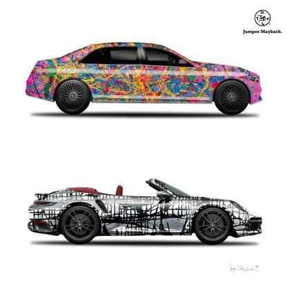 Two Jumper Maybach Quantum Dream and Dark Matrix cars print on paper with signatures, featuring vibrant, detailed car artwork.