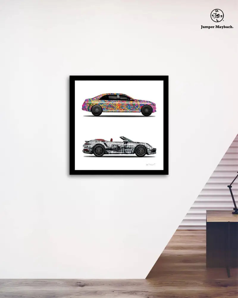 Two Jumper Maybach prints featuring Quantum Dream and Dark Matrix cars, set on paper with vibrant, detailed car illustrations.