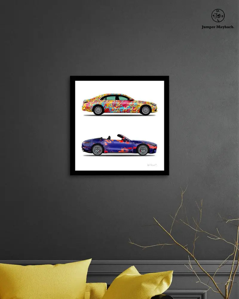 Prints of two cars, a World Jumper and New Galaxy Cars by Jumper Maybach, on paper, displayed in a grey room setting.