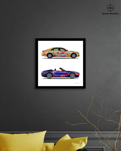 Prints of two cars, a World Jumper and New Galaxy Cars by Jumper Maybach, on paper, displayed in a grey room setting.