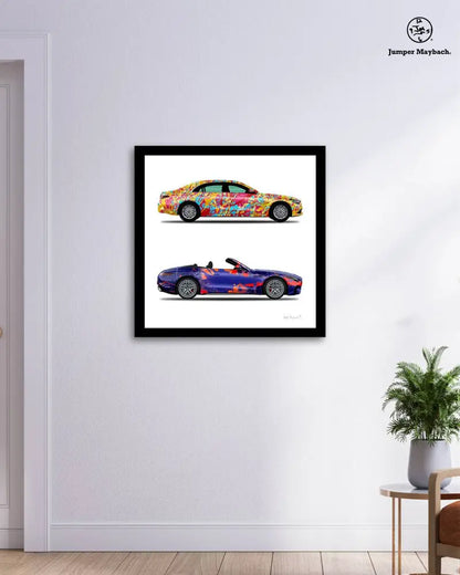 Print of Jumper Maybach's 2-car Galaxy Cars and World Jumper scene on paper, featuring vibrant space-themed illustrations.