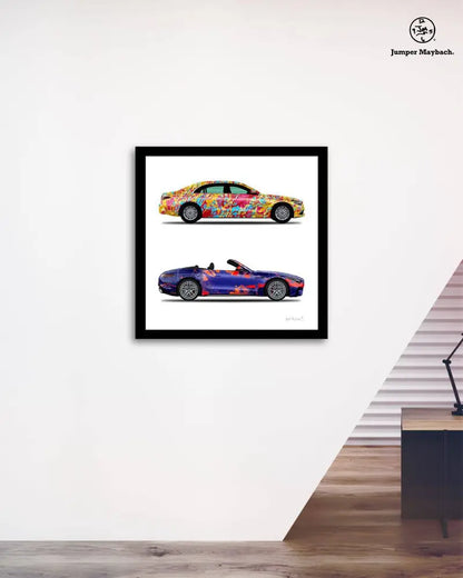 Print of two cars, a world jumper and new galaxy cars, by Jumper Maybach on paper, featuring vibrant space and vehicle designs.