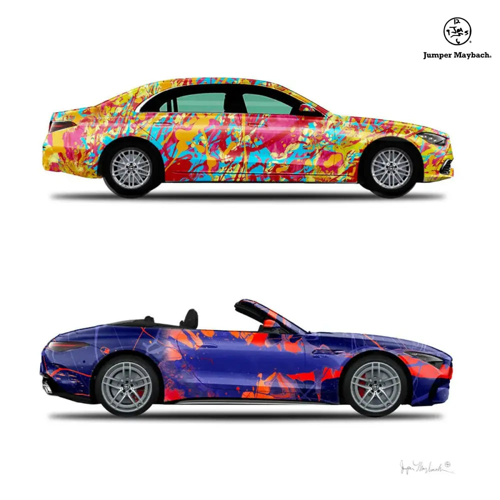 Two printed artwork pieces featuring World Jumper and New Galaxy Cars designs by Jumper Maybach on paper.
