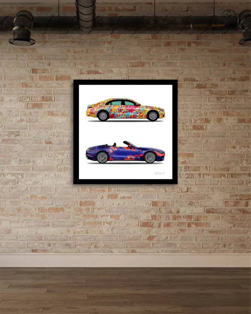 Prints of two Jumper Maybach cars, including a World Jumper and New Galaxy Cars, on paper featuring vibrant, detailed designs.