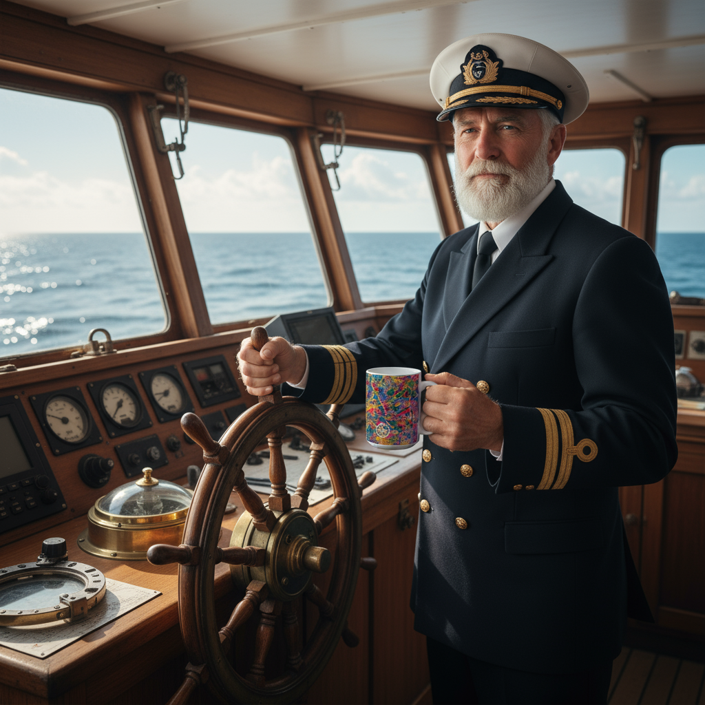 Captain on a ship's wheel holding a colorful mug with ocean view