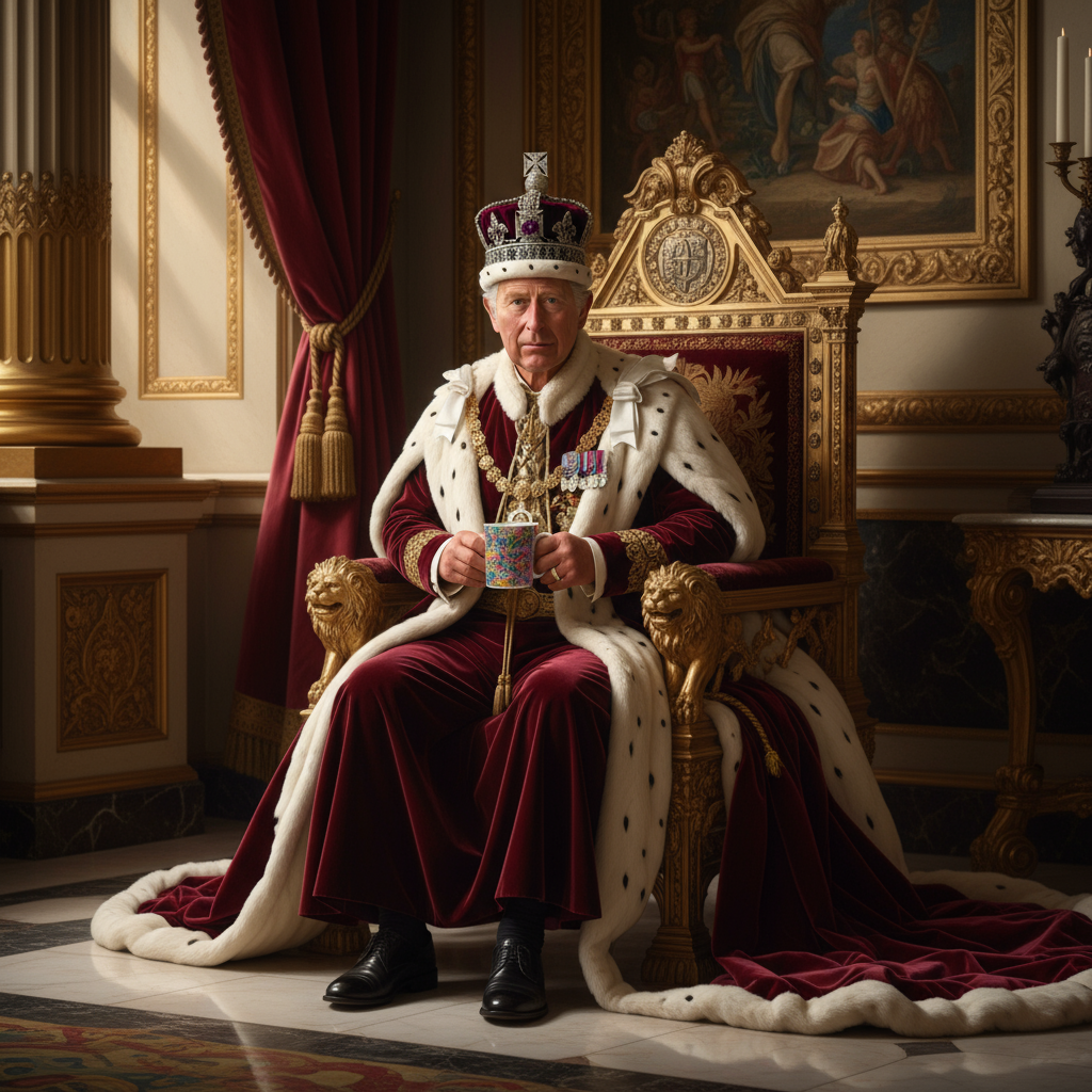 Man in formal attire with a crown, sitting on an ornate throne in a regal room.