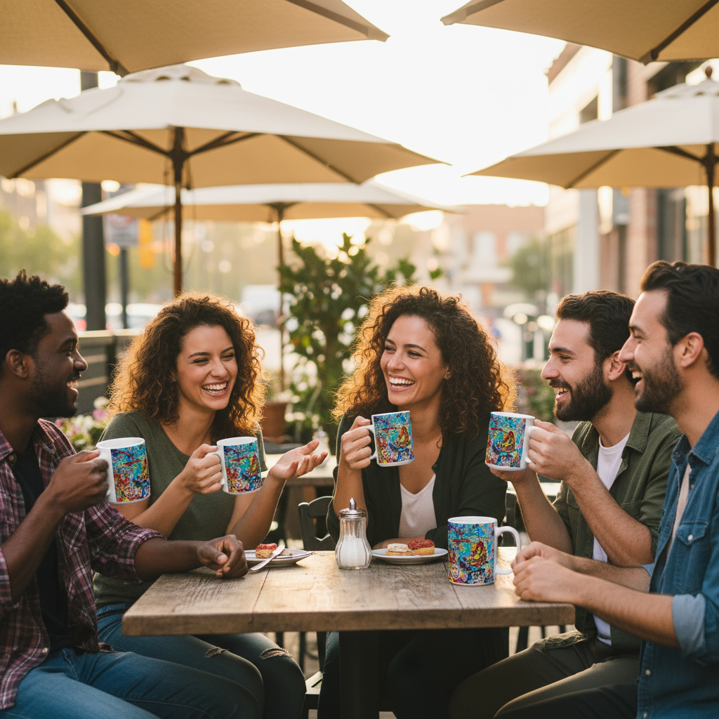 Group of friends enjoying coffee together outdoors under umbrellas.