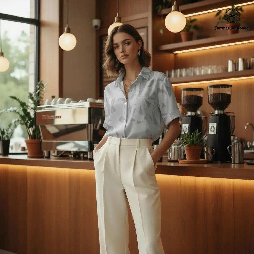 Woman standing in a modern kitchen with coffee-making equipment