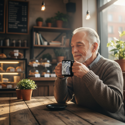 Man holding a steaming mug in a cozy cafe setting