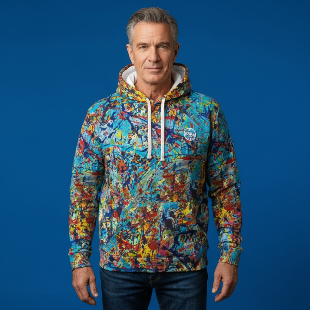 Man wearing a colorful hoodie against a blue background