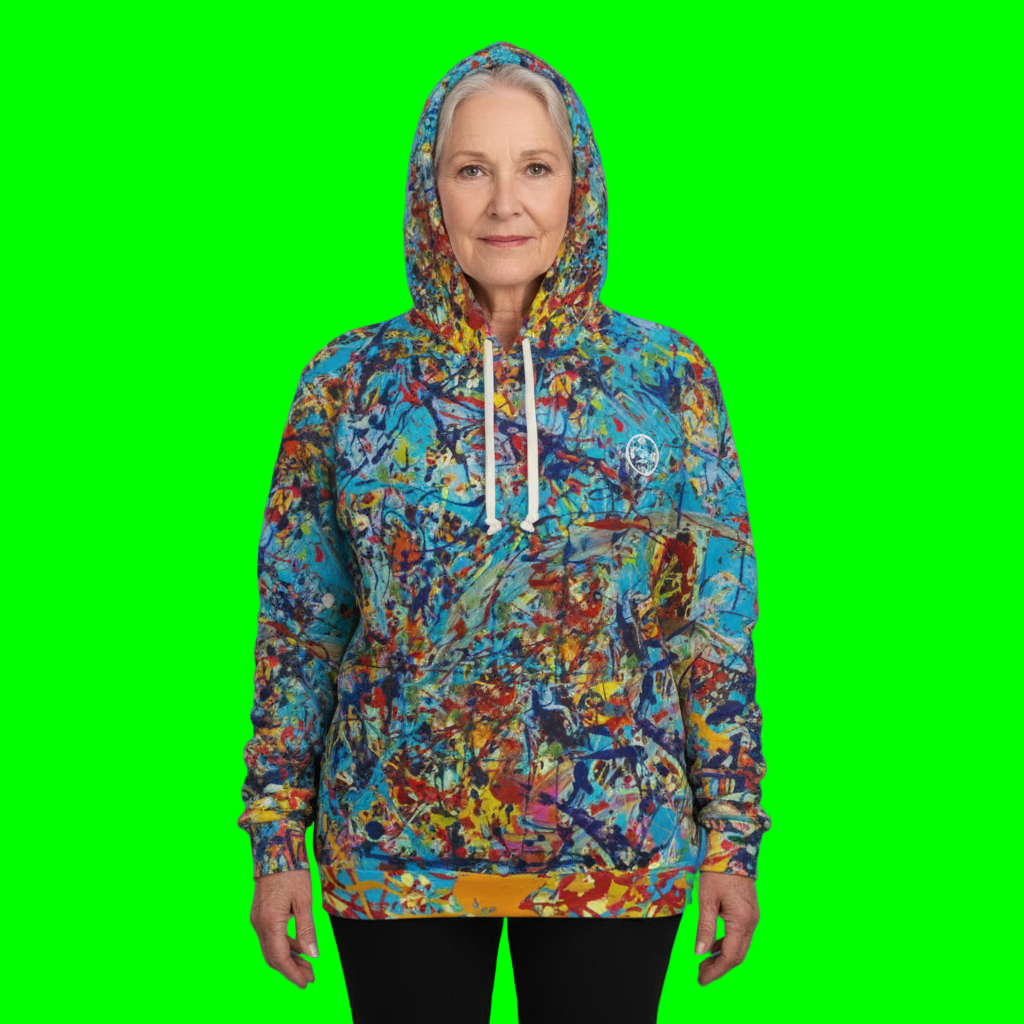 Person wearing a colorful hoodie on a green background