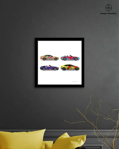 Four Jumper Maybach® car prints stacked on grey background, showcasing detailed automotive artwork on paper.
