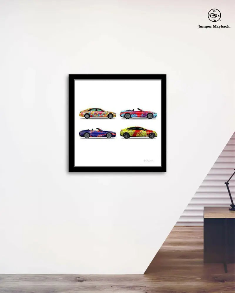 Four colorful cars print on paper by Jumper Maybach, featuring a vibrant stack of four cars in a modern, artistic design.