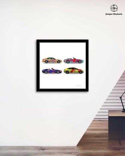 Four colorful cars print on paper by Jumper Maybach, featuring a vibrant stack of four cars in a modern, artistic design.