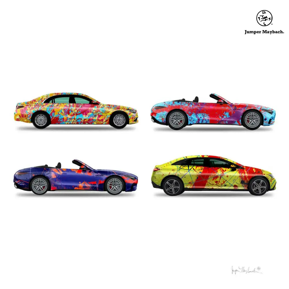 Four Jumper Maybach® car prints stacked, featuring detailed illustrations on paper with signature, ideal for wall decor or collection.