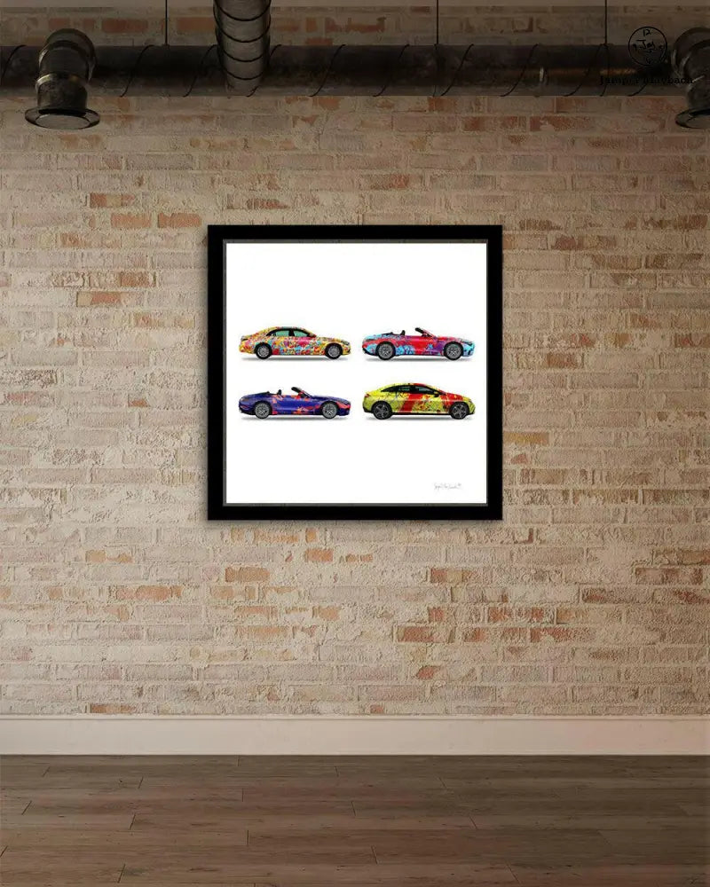 Four Jumper Maybach® car prints on paper, featuring a colorful stack of four classic cars in a brick gallery style.