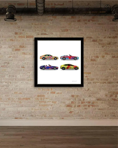 Four Jumper Maybach® car prints on paper, featuring a colorful stack of four classic cars in a brick gallery style.