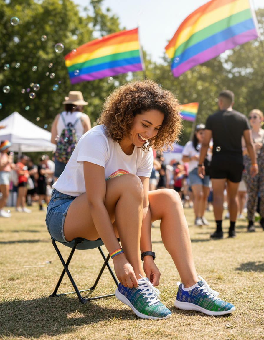 Woman adjusting shoes at a outdoor event with rainbow flags in the background