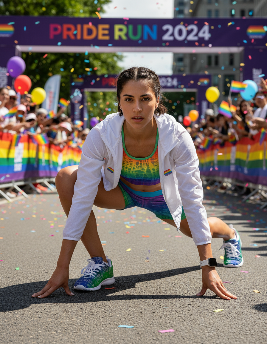 Person in a rainbow outfit at the Pride Run 2024 event with confetti and spectators.