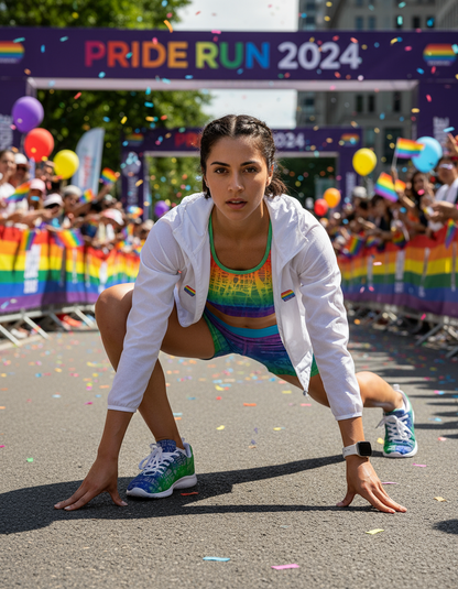 Person in a rainbow outfit at the Pride Run 2024 event with confetti and spectators.