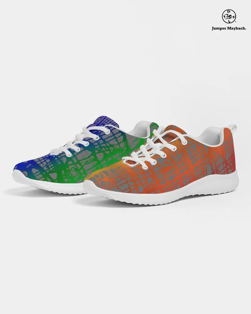 Rainbow Matrix athletic sneakers by Jumper Maybach® featuring vibrant rainbow-colored mesh and rubber sole for men and women.