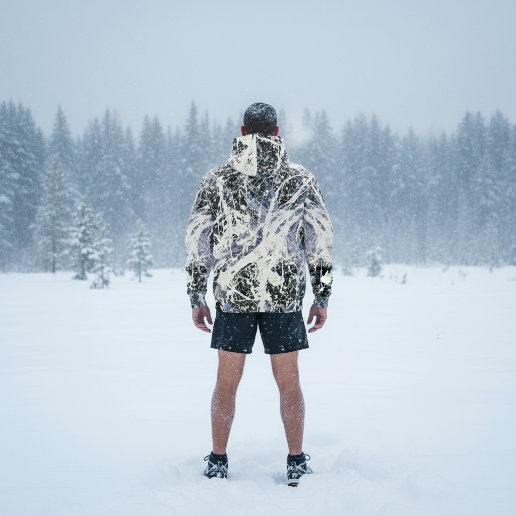 Person wearing a camouflage jacket and shorts standing in a snowy landscape with trees.
