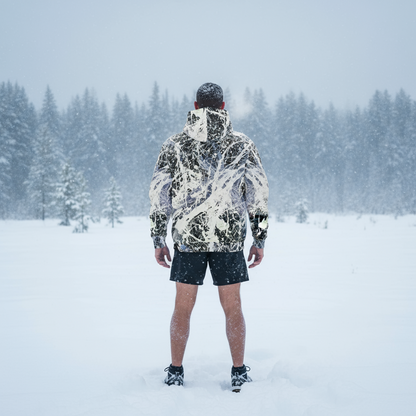 Person wearing a camouflage jacket and shorts standing in a snowy landscape with trees.