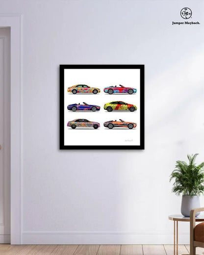 Six colorful car prints by Jumper Maybach displayed on paper, showcasing vibrant vehicle illustrations in a stacked arrangement.